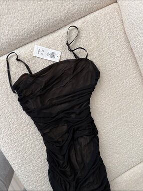 Sheer Black Ruched Slip Dress with Spaghetti Straps